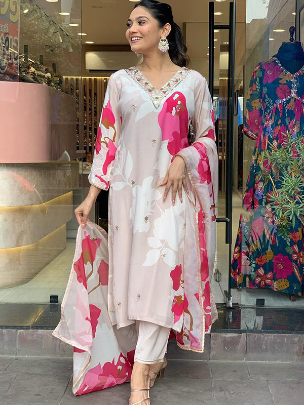 Beige Pink Taby Printed Kurti With Pant & Dupatta Set