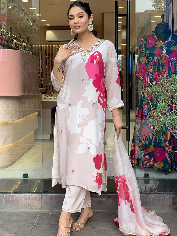 Beige Pink Taby Printed Kurti With Pant & Dupatta Set