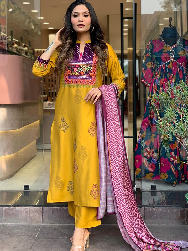 Mustard Taby Printed Kurti With Pant & Dupatta Set