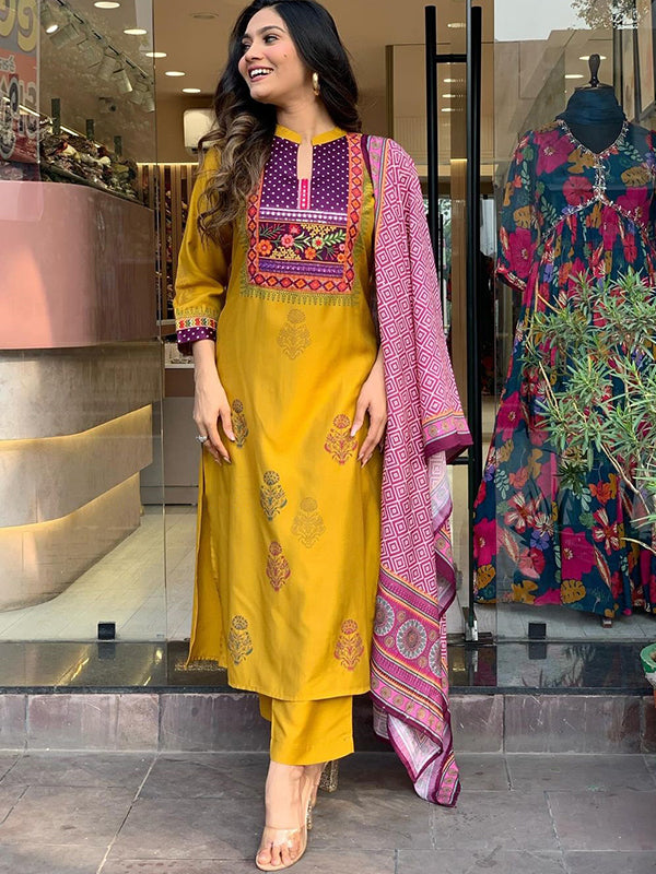 Mustard Taby Printed Kurti With Pant & Dupatta Set