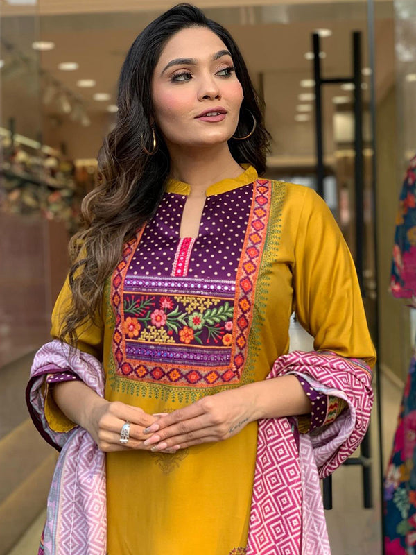 Mustard Taby Printed Kurti With Pant & Dupatta Set