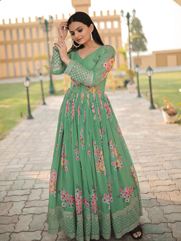 Pista Printed Zari Sequins Embroidered Faux Georgette Gown