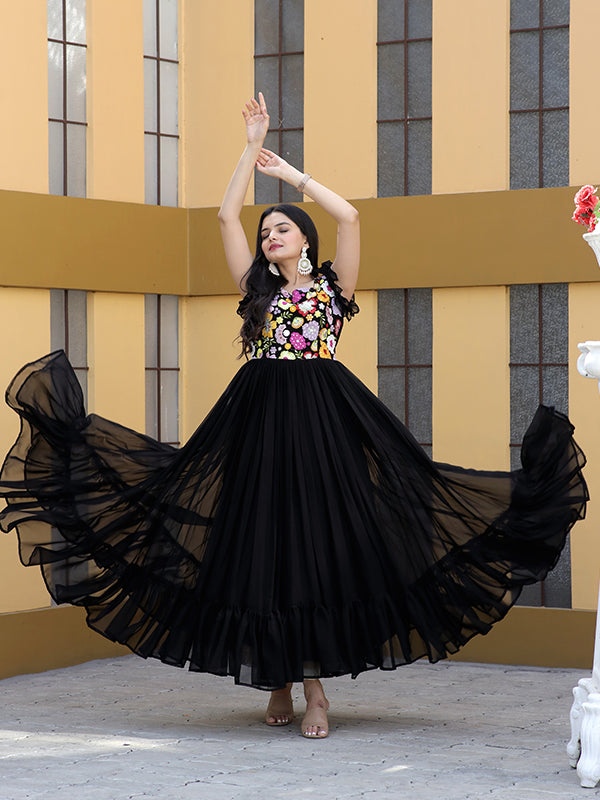 Black Faux Blooming With Sequins Embroidered Gown