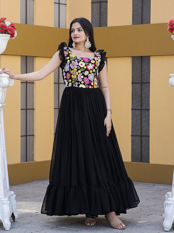 Black Faux Blooming With Sequins Embroidered Gown