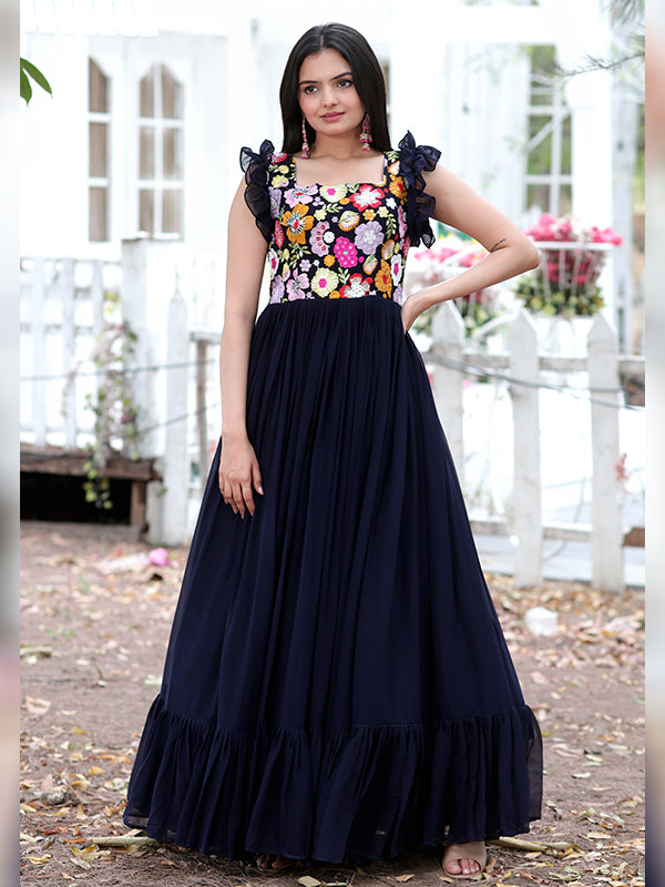 Navy Blue Faux Blooming With Sequins Embroidered Gown