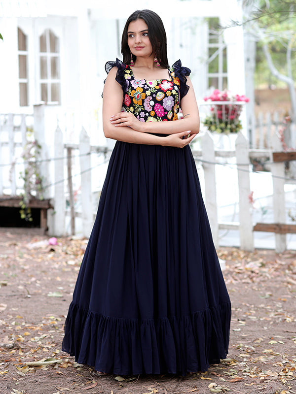 Navy Blue Faux Blooming With Sequins Embroidered Gown