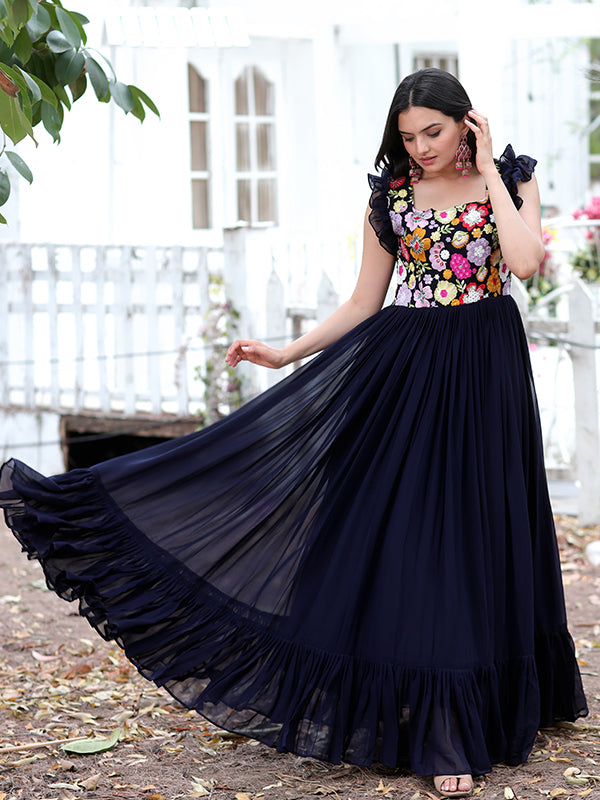 Navy Blue Faux Blooming With Sequins Embroidered Gown