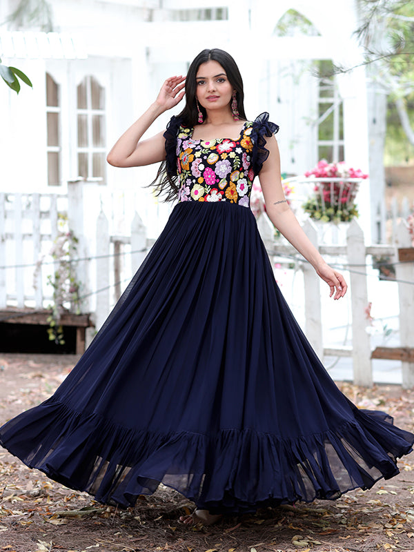 Navy Blue Faux Blooming With Sequins Embroidered Gown