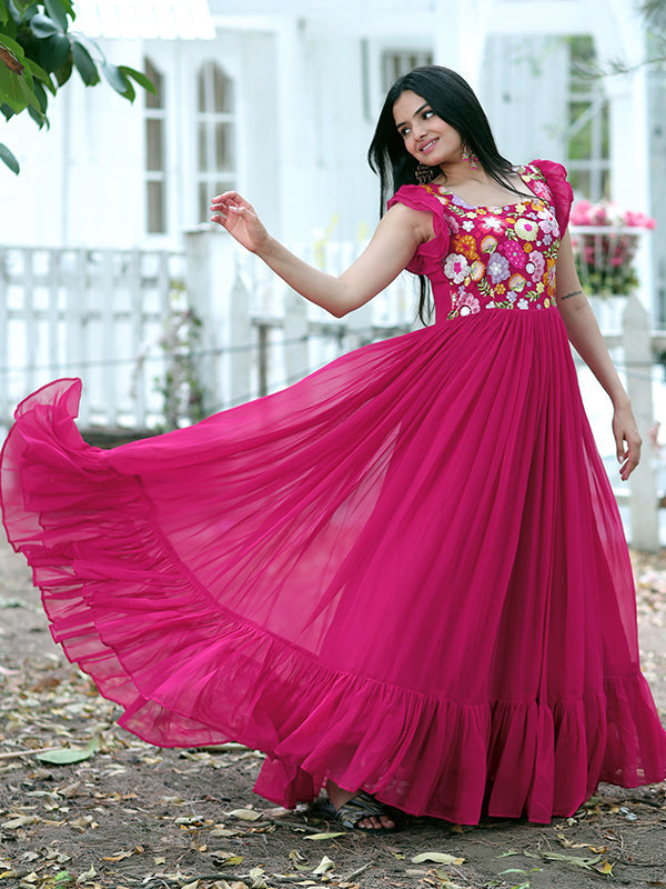 Pink Faux Blooming With Sequins Embroidered Gown