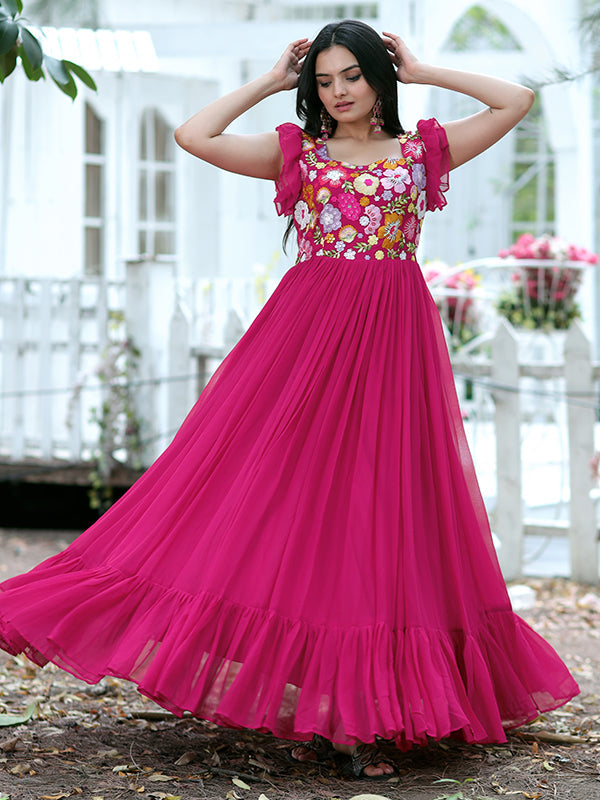 Pink Faux Blooming With Sequins Embroidered Gown