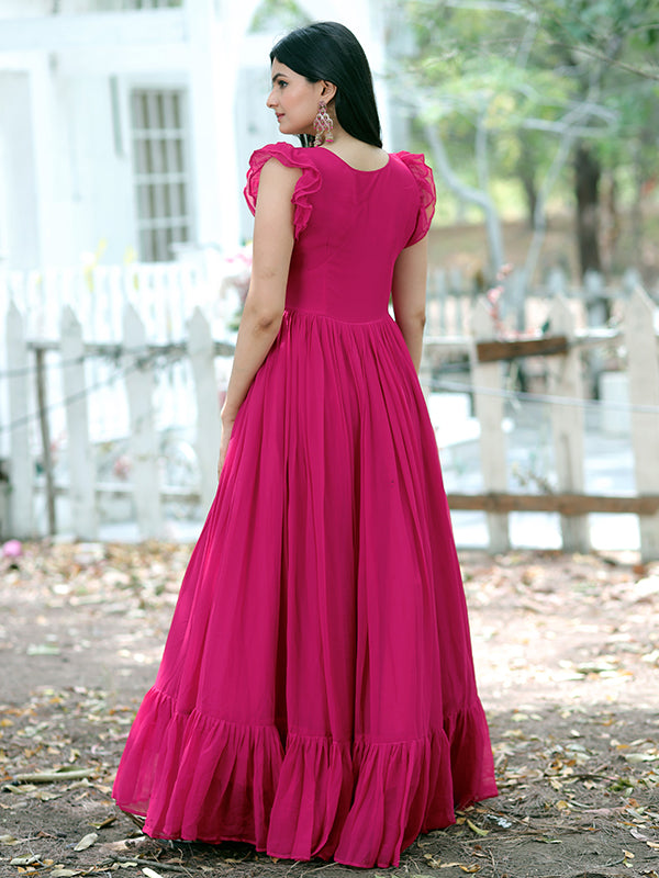 Pink Faux Blooming With Sequins Embroidered Gown