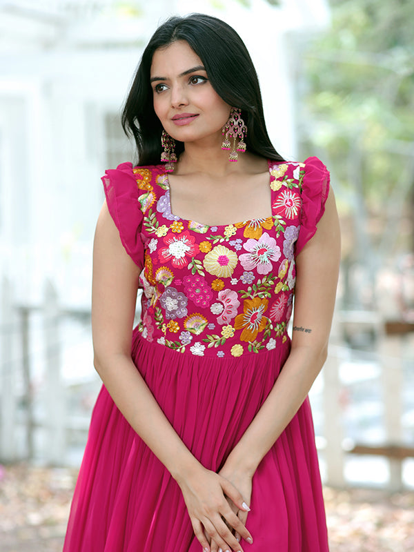 Pink Faux Blooming With Sequins Embroidered Gown