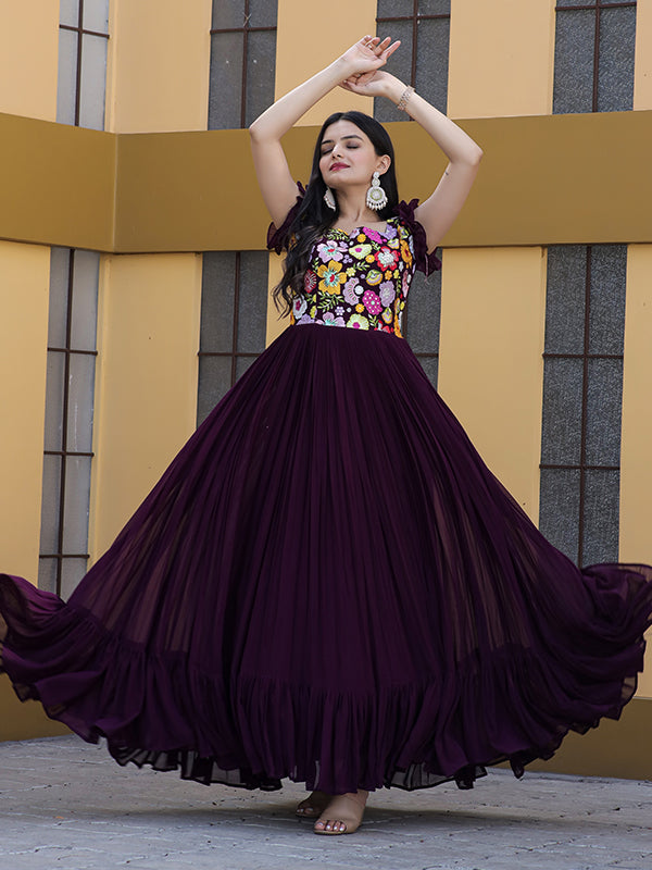 Wine Faux Blooming With Sequins Embroidered Gown