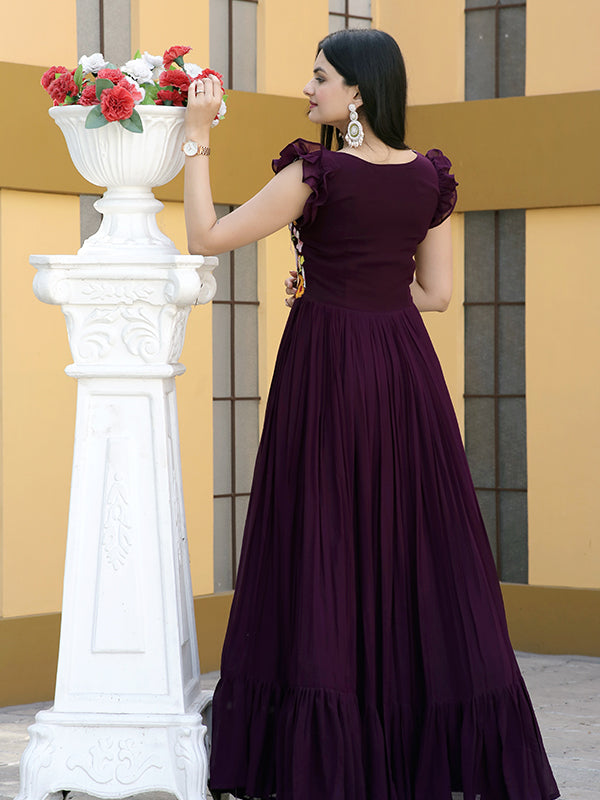 Wine Faux Blooming With Sequins Embroidered Gown