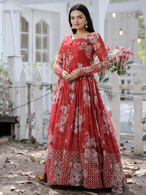 Red Faux Georgette with Embroidery Zari Sequins Printed Gown