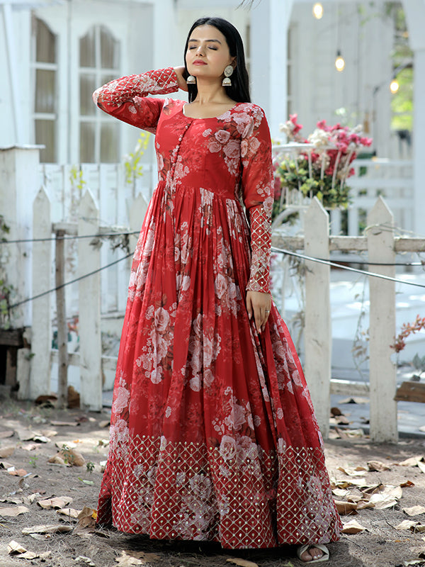 Red Faux Georgette with Embroidery Zari Sequins Printed Gown