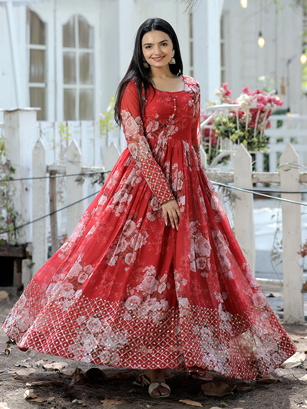 Red Faux Georgette with Embroidery Zari Sequins Printed Gown