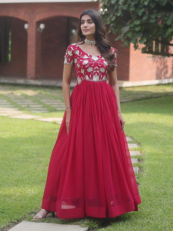 Cherry Pink Coding Sequins Embroidered Faux Blooming Gown