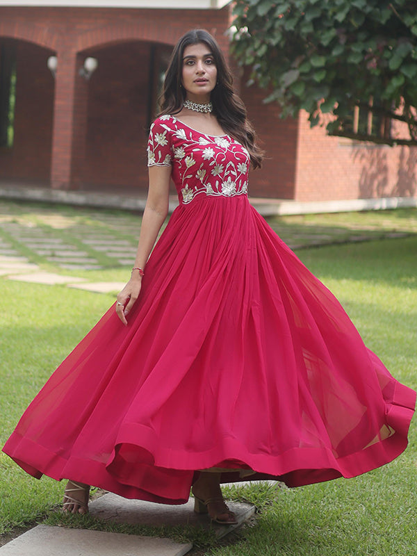 Cherry Pink Coding Sequins Embroidered Faux Blooming Gown