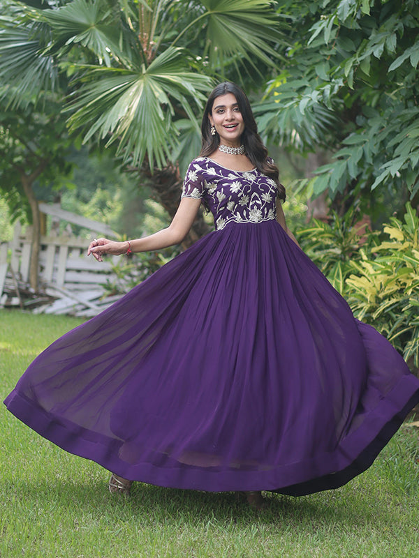 Purple Coding Sequins Embroidered Faux Blooming Gown