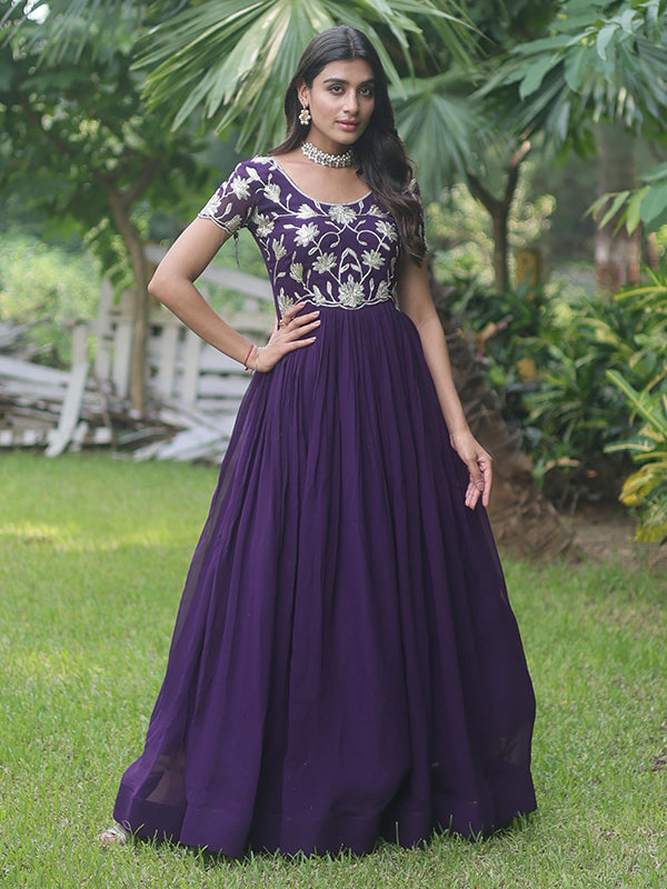 Purple Coding Sequins Embroidered Faux Blooming Gown