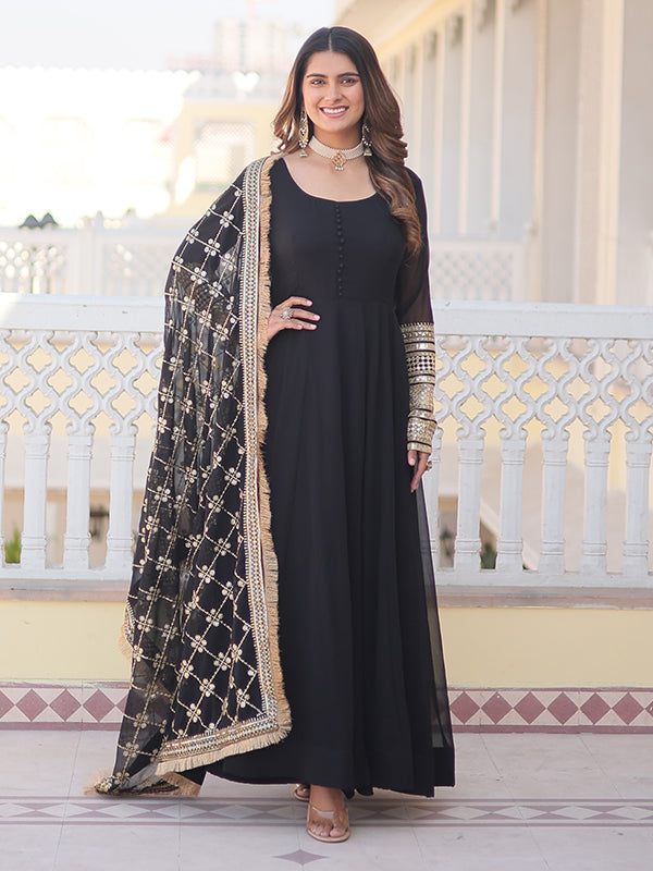 Black Sequins Embroidered Faux Blooming Gown With Designer Dupatta