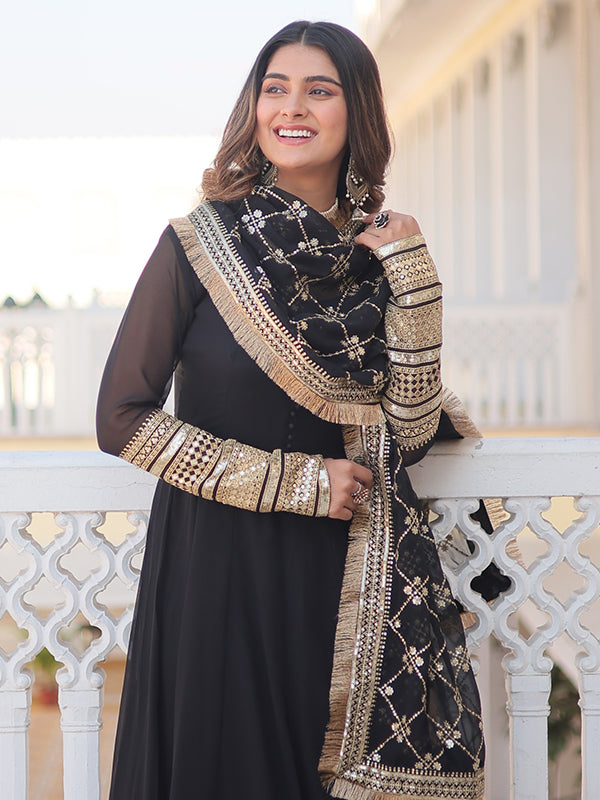 Black Sequins Embroidered Faux Blooming Gown With Designer Dupatta