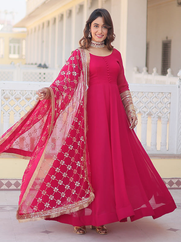 Bright Pink Sequins Embroidered Faux Blooming Gown With Designer Dupatta