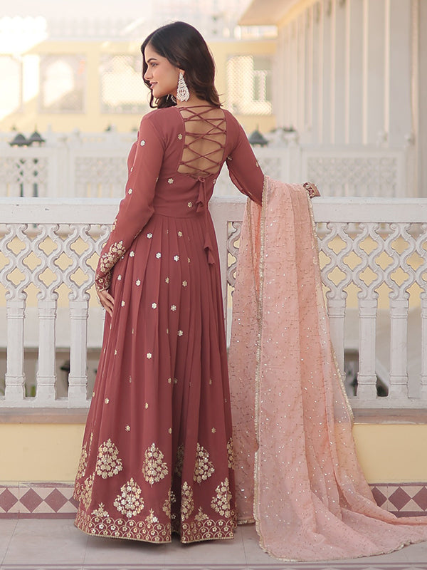 Chestnut Brown Embroidered Zari Sequenced Faux Gown With Dupatta