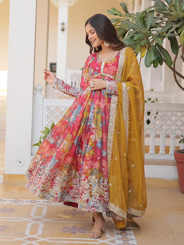 Pink Yellow Printed Russian Silk With Embroidery Zari Sequins Gown With Dupatta