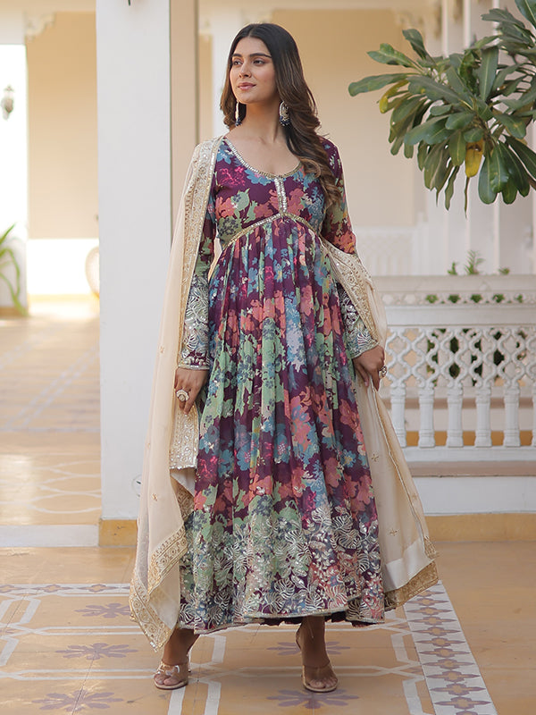 Wine Green Printed Russian Silk With Embroidery Zari Sequins Gown With Dupatta