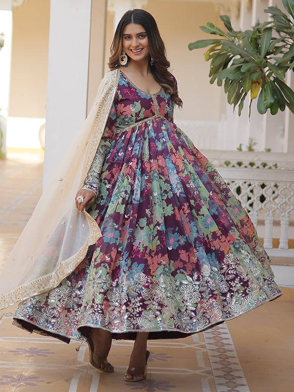 Wine Green Printed Russian Silk With Embroidery Zari Sequins Gown With Dupatta