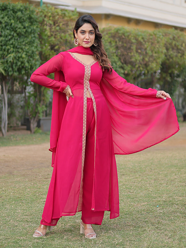 Pink Slit Suit With Attractive Lace Border Pant & Dupatta Set