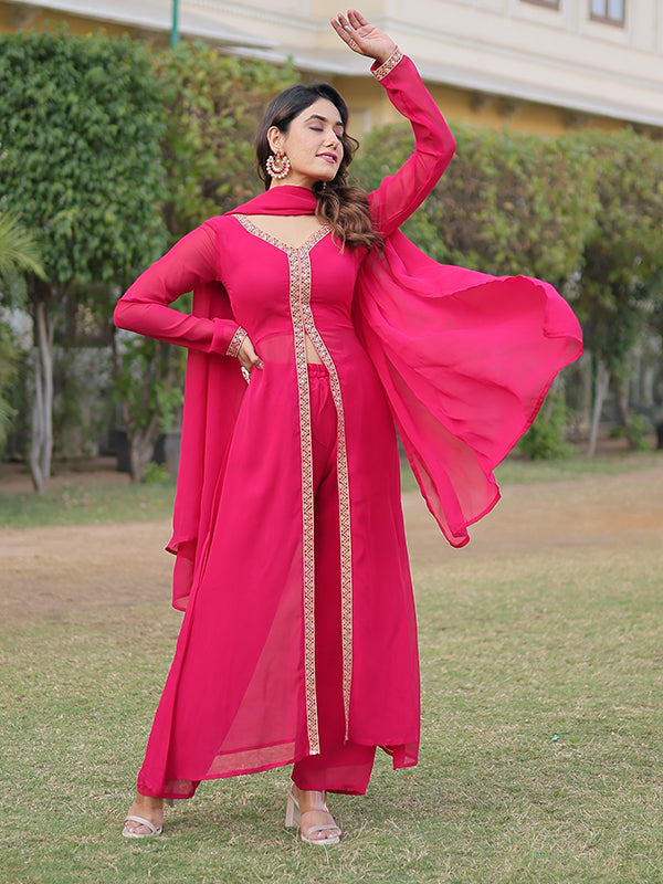 Pink Slit Suit With Attractive Lace Border Pant & Dupatta Set