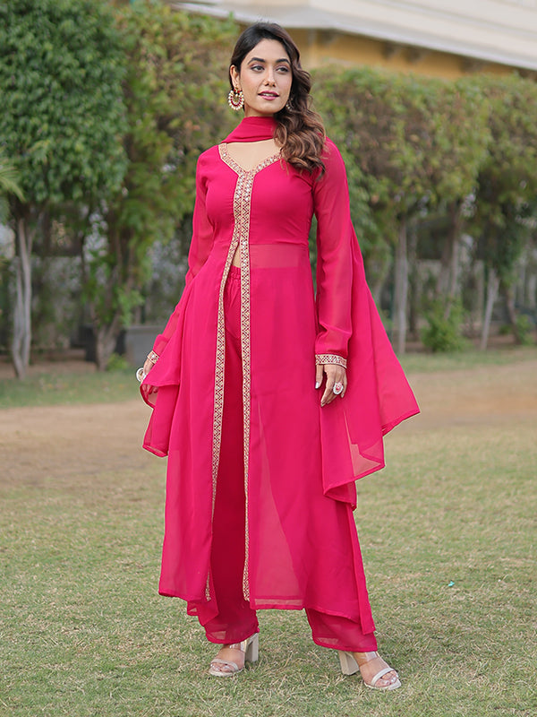 Pink Slit Suit With Attractive Lace Border Pant & Dupatta Set