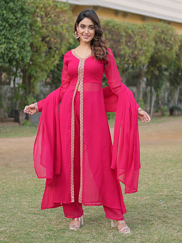 Pink Slit Suit With Attractive Lace Border Pant & Dupatta Set