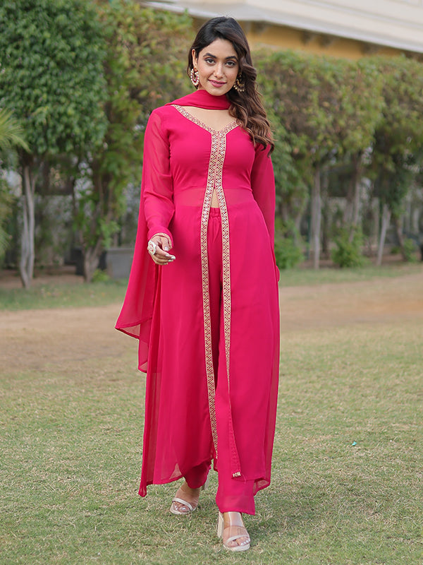 Pink Slit Suit With Attractive Lace Border Pant & Dupatta Set