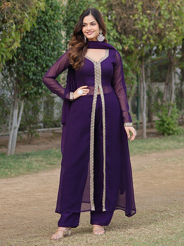 Wine Slit Suit With Attractive Lace Border Pant & Dupatta Set