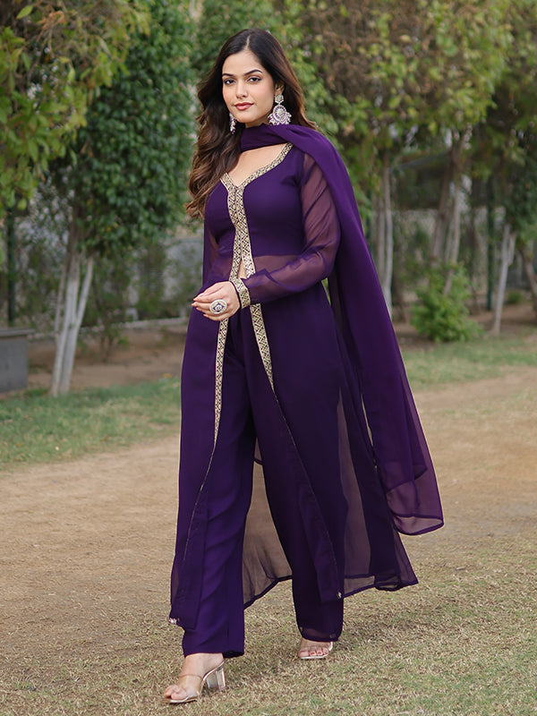 Wine Slit Suit With Attractive Lace Border Pant & Dupatta Set