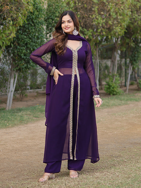 Wine Slit Suit With Attractive Lace Border Pant & Dupatta Set