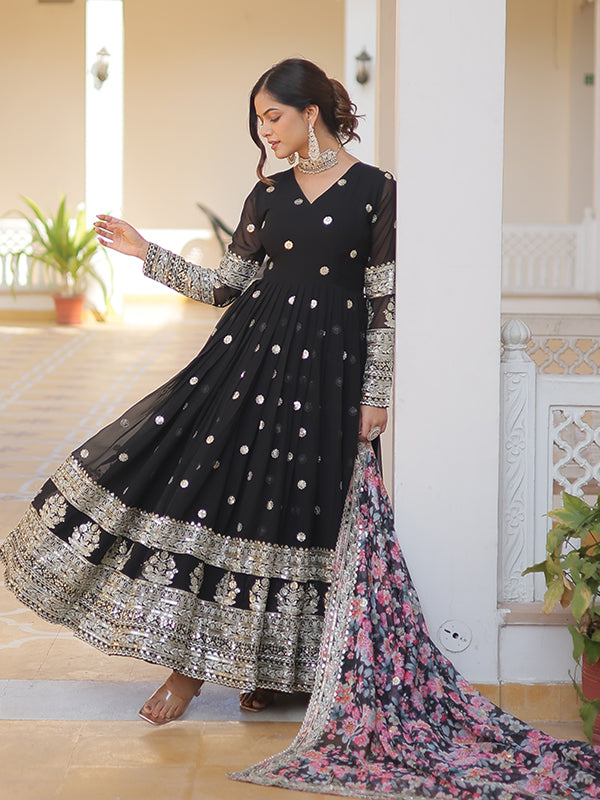 Black Faux Georgette with Embroidery Zari Sequins Gown With Dupatta