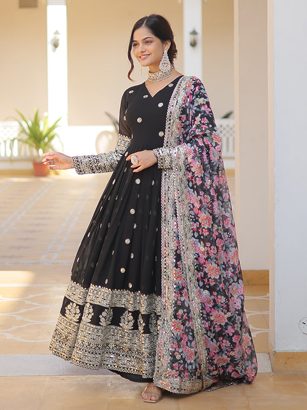 Black Faux Georgette with Embroidery Zari Sequins Gown With Dupatta