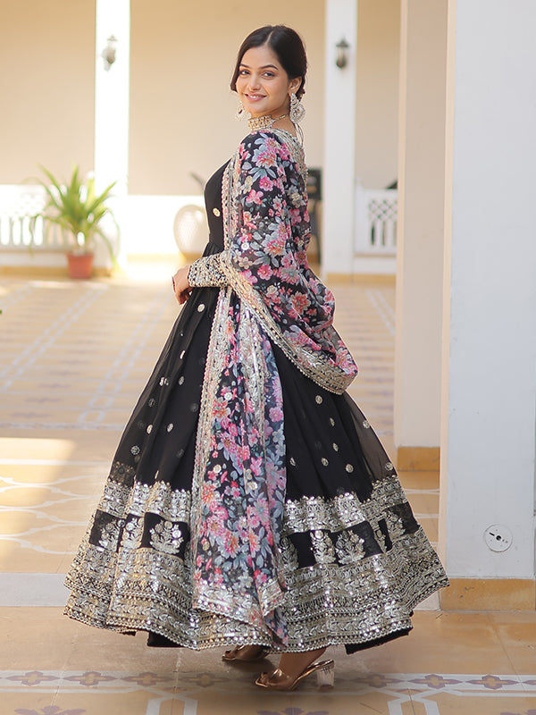 Black Faux Georgette with Embroidery Zari Sequins Gown With Dupatta