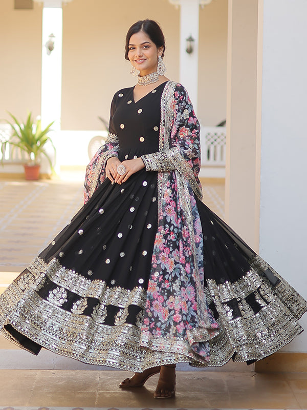 Black Faux Georgette with Embroidery Zari Sequins Gown With Dupatta