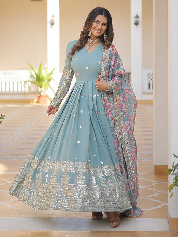 Sky Faux Georgette with Embroidery Zari Sequins Gown With Dupatta