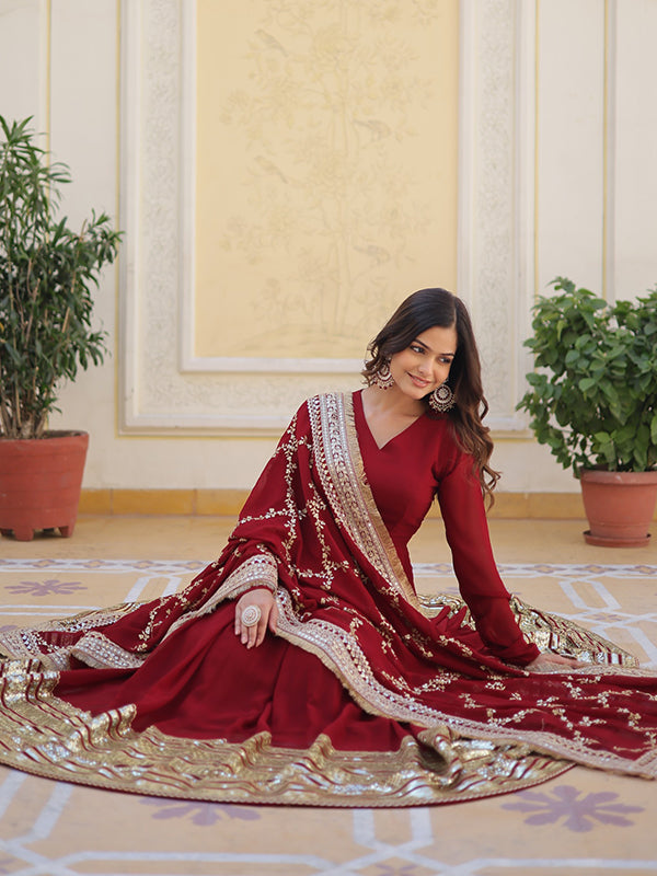 Maroon Embroidered Zari Sequins Faux Blooming Gown With Dupatta