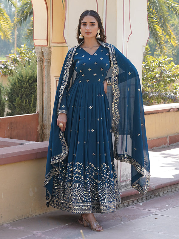 Rama Faux Georgette with Embroidery Zari Sequins Gown With Dupatta