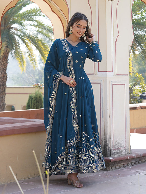 Rama Faux Georgette with Embroidery Zari Sequins Gown With Dupatta