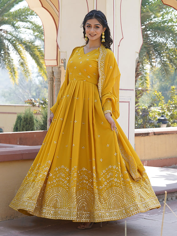 Yellow Faux Georgette with Embroidery Zari Sequins Gown With Dupatta