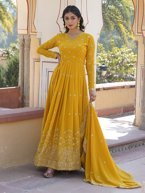 Yellow Faux Georgette with Embroidery Zari Sequins Gown With Dupatta